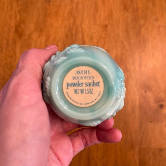 Vintage Jadeite Avon Moonwinf Perfume Bubble Bath Bottle & Powder Sachet Set - Picture 5 of 5